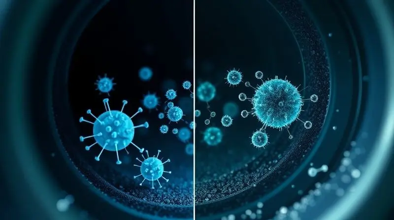 Ilustração da ação antimicrobiana de um higienizador de ar-condicionado, eliminando fungos e bactérias no duto de ar do carro.