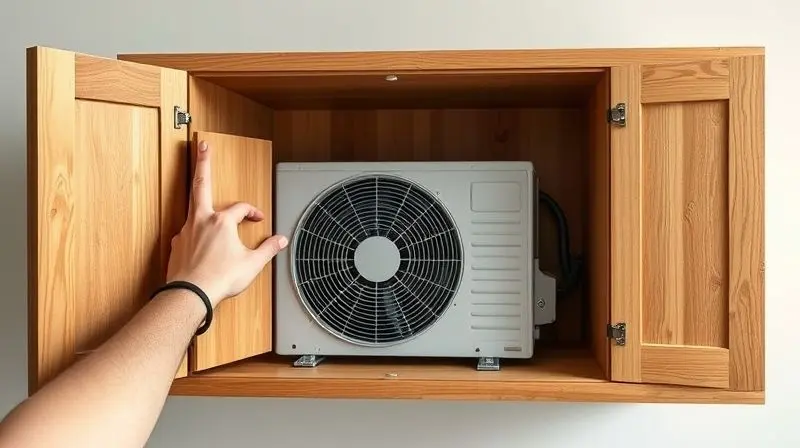 Gabinete de proteção para condensadora com uma porta de fácil acesso aberta, demonstrando a importância do planejamento para a manutenção do equipamento.