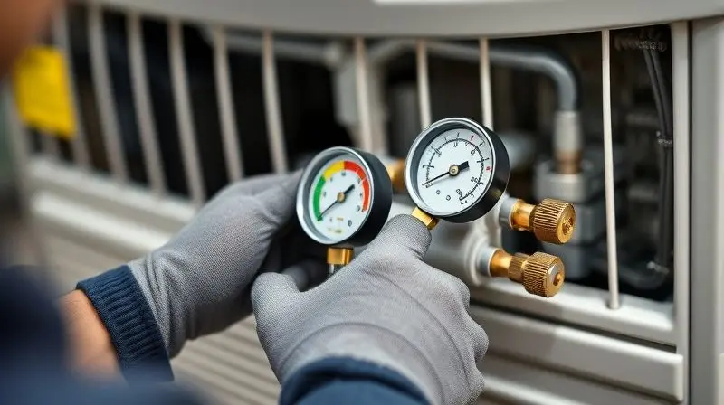 Técnico ajustando um manifold com manômetros para realizar a recarga de gás em um sistema de ar-condicionado de forma controlada.