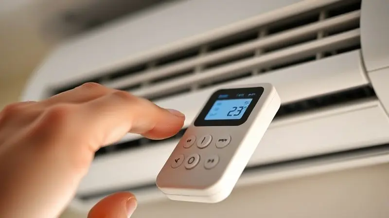 Mão ajustando a temperatura no controle remoto do ar-condicionado para encontrar o equilíbrio térmico ideal no ambiente.