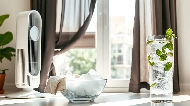 Várias alternativas eficazes para se refrescar no calor, como um ventilador moderno, cortinas blackout e um copo de água gelada.
