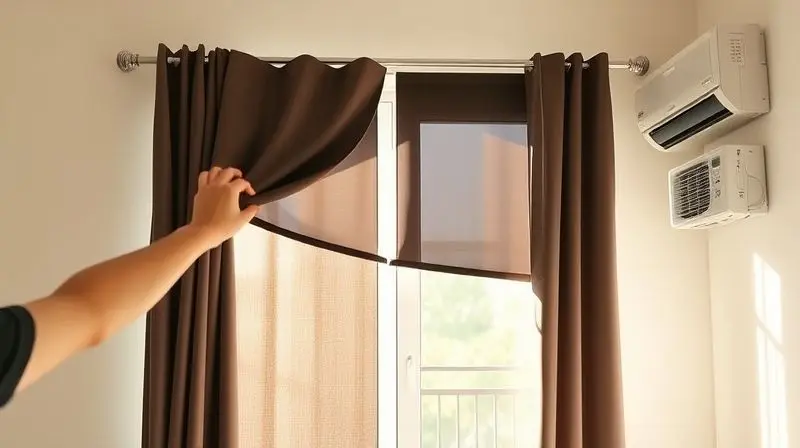 Ambiente com janelas e portas bem vedadas e cortinas fechadas para isolar o calor externo e otimizar o uso do ar-condicionado.