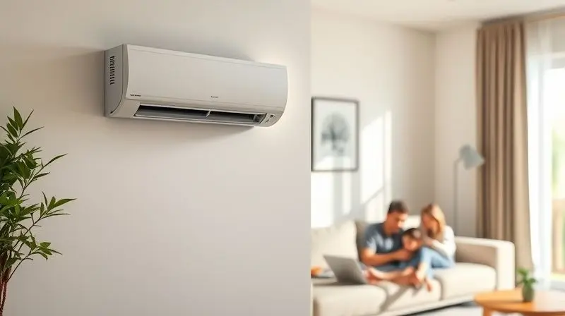 Análise dos modelos de ar condicionado HQ mostrando uma unidade instalada em uma sala de estar moderna, proporcionando conforto e um ambiente climatizado.