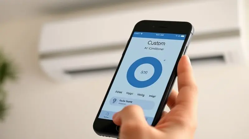Mão segurando um celular com um aplicativo para controlar o ar-condicionado, demonstrando o uso da tecnologia Wi-Fi para ligar o aparelho sem controle.
