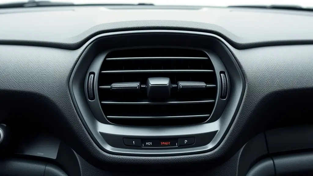 Close-up de uma saída de ar-condicionado automotivo moderna, com detalhes em alumínio, mostrando o fluxo de ar frio em um painel de carro.