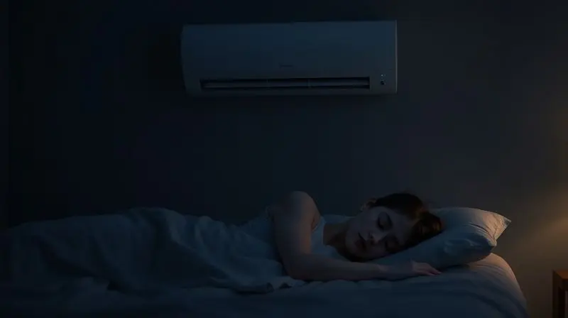 Pessoa dormindo tranquilamente em um quarto silencioso com um ar-condicionado moderno e discreto na parede, representando o baixo nível de ruído do aparelho.