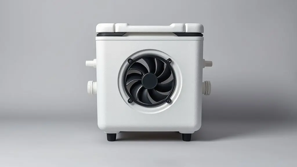 Um ar-condicionado caseiro totalmente sem marca, feito com uma caixa de isopor e um cooler, em um fundo de estúdio limpo e minimalista.