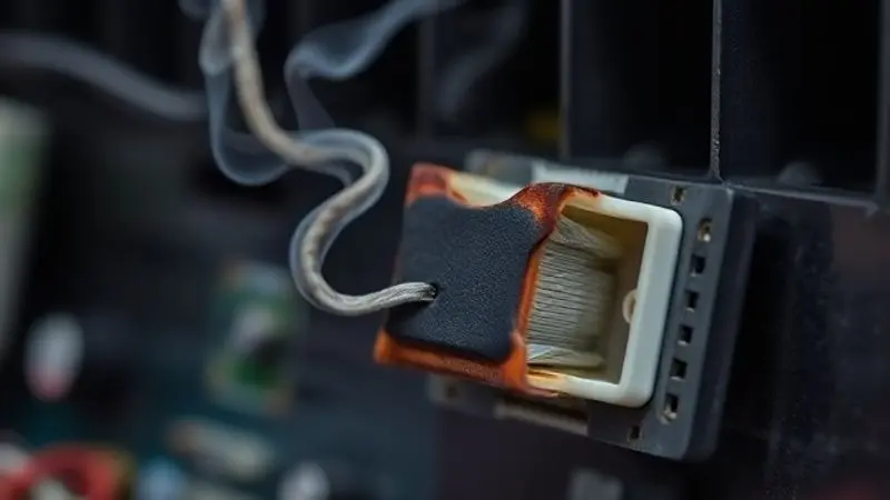 Imagem de um componente elétrico queimado dentro de um ar condicionado, ilustrando a causa do cheiro de queimado no aparelho.