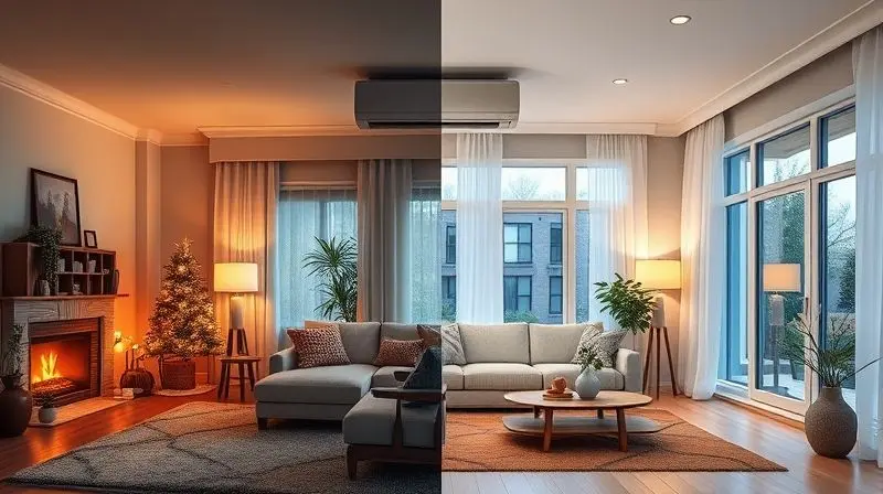 Imagem dividida mostrando um ambiente aquecido no inverno e o mesmo ambiente resfriado no verão, ilustrando a função quente e frio do ar-condicionado.