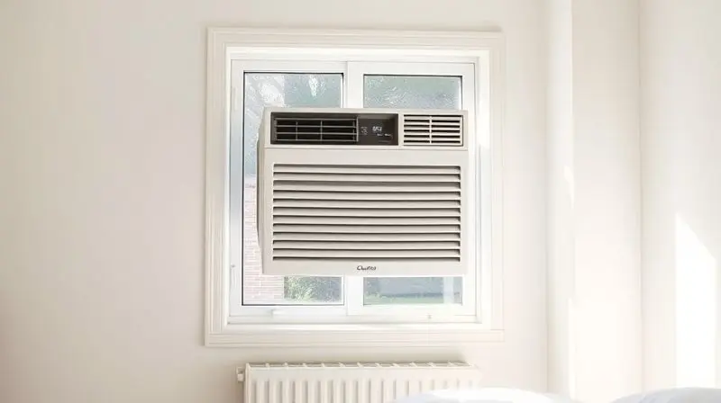 Um aparelho de ar-condicionado de janela sem marca instalado de forma limpa na janela de um quarto bem iluminado e aconchegante.