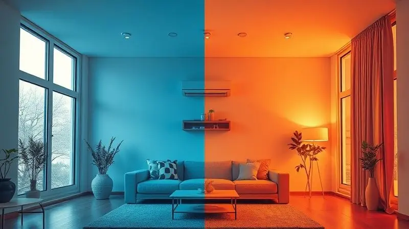 Imagem conceitual de uma sala dividida ao meio, com um lado frio e azulado e outro quente e alaranjado, comparando os modelos de ar condicionado.
