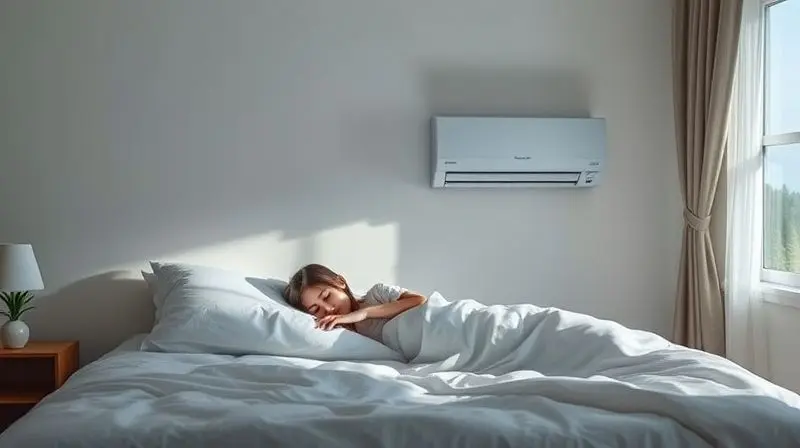 Uma pessoa dormindo tranquilamente em um quarto silencioso, com um ar-condicionado Hi Wall operando de forma imperceptível, ilustrando o conforto e o baixo nível de ruído.