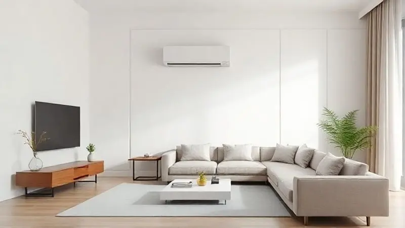 Interior de uma sala de estar moderna e minimalista, com um ar-condicionado Hi Wall branco discretamente instalado, harmonizando com a decoração do ambiente.