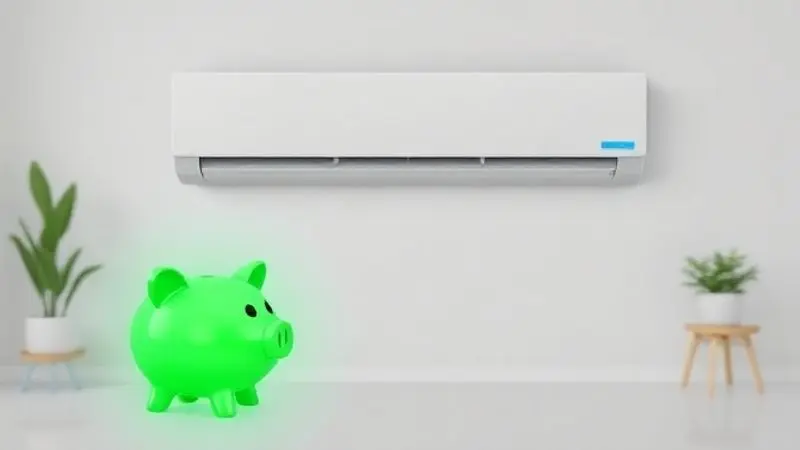 Imagem conceitual de um ar-condicionado Hi Wall com um símbolo de cofrinho ao lado, representando a eficiência e a economia de energia do aparelho.