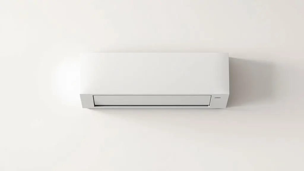 Um ar-condicionado Hi Wall branco, moderno e sem marca, instalado de forma centralizada em uma parede de cor neutra, representando uma solução de climatização.