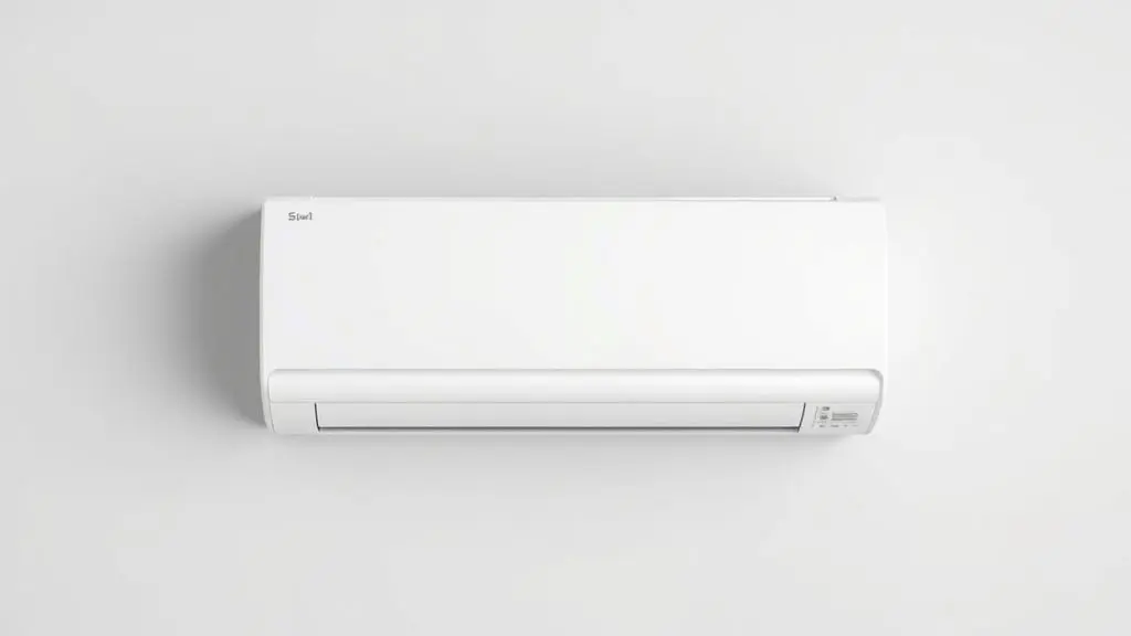 Um moderno ar-condicionado Hitachi modelo Split, branco e sem marca, perfeitamente centralizado em uma parede de cor neutra.