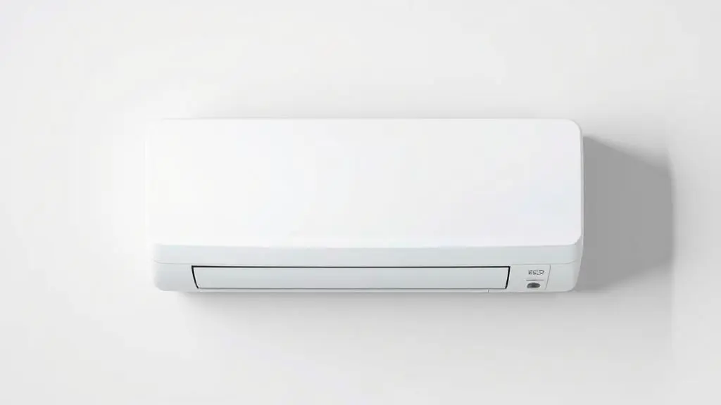 Análise da marca de ar condicionado HQ, mostrando uma unidade split branca e moderna, totalmente sem marca, em um fundo de estúdio limpo e minimalista.
