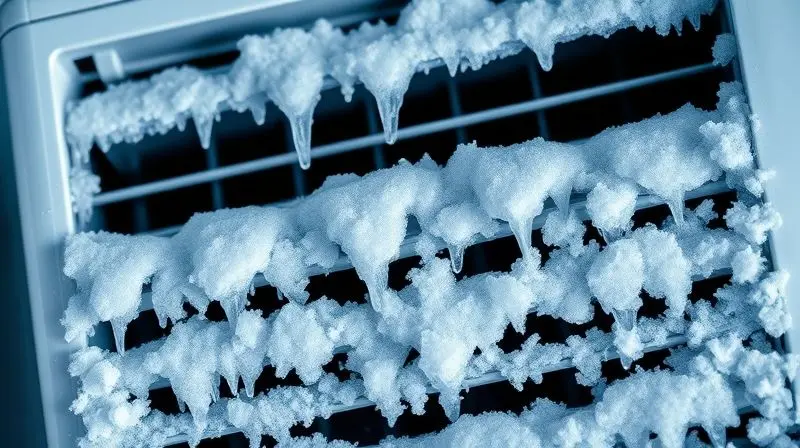 Detalhe da serpentina de uma evaporadora de ar condicionado congelada, coberta por gelo, ilustrando um problema técnico que impede o resfriamento.