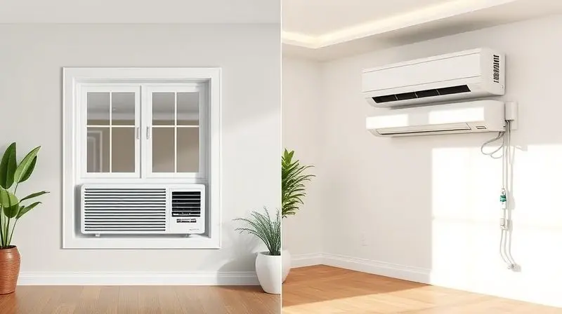 Comparativo visual entre um ar-condicionado de janela instalado na parede e um sistema split com sua unidade interna aparente.