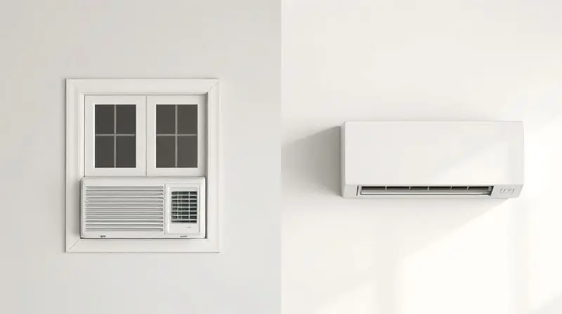 Comparativo visual mostrando uma parede com a instalação de um ar-condicionado de janela de um lado e um modelo Split do outro para ajudar na escolha.