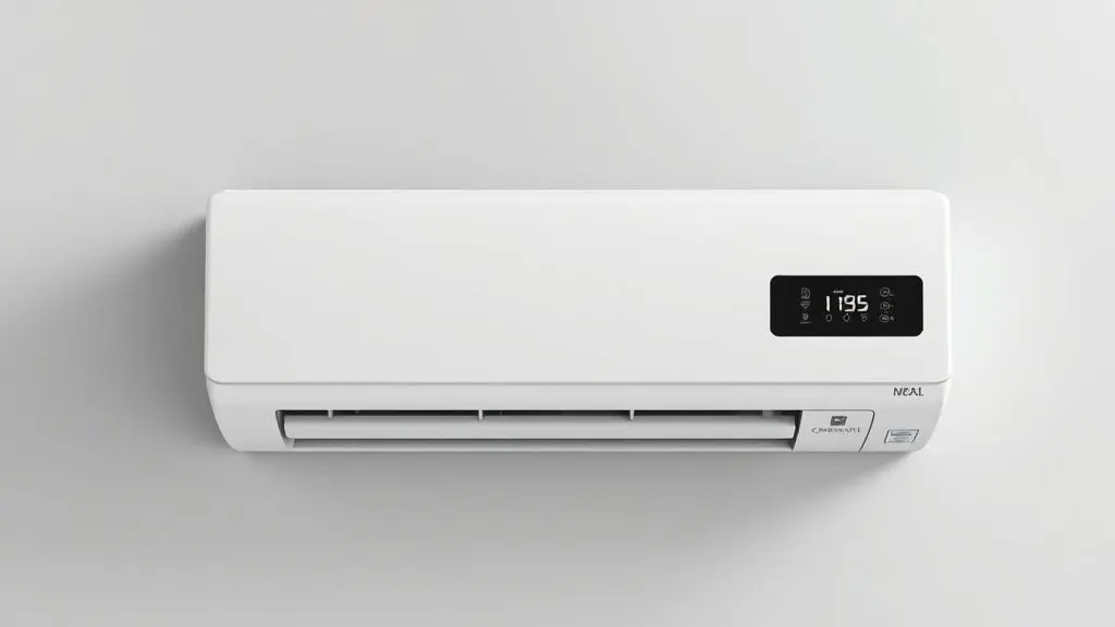 Ar-condicionado split moderno com função de aquecer, visto de frente em um fundo neutro, ilustrando o uso do modo quente para o conforto no inverno.