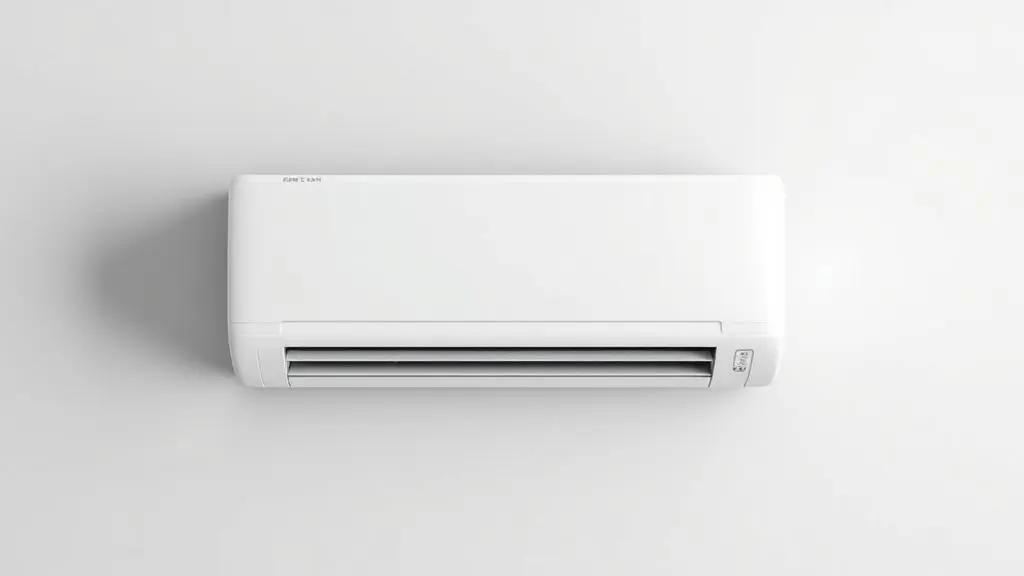 Um moderno ar-condicionado split branco instalado em uma parede cinza-claro, representando a análise se a marca de ar-condicionado Philco é boa.