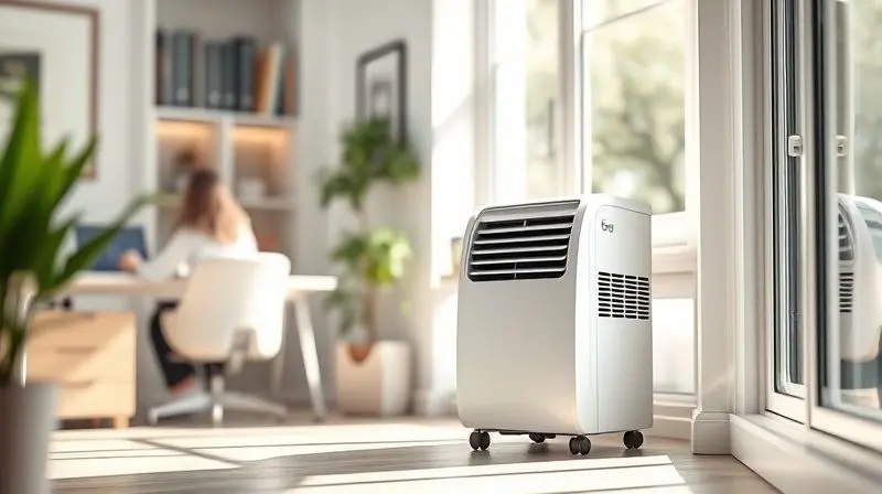 Escritório em casa com um ar-condicionado portátil branco posicionado no canto, garantindo um ambiente de trabalho fresco e produtivo.