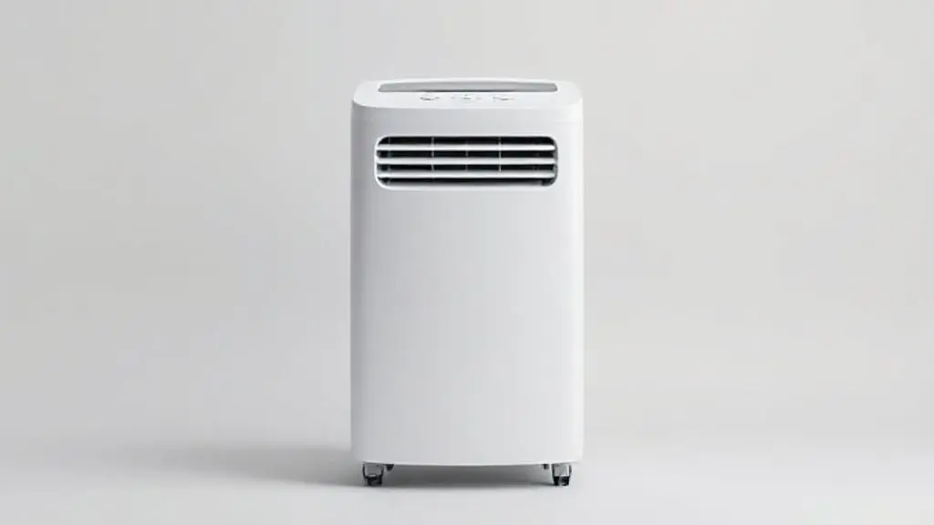Ar-condicionado portátil Hisense 12.000 BTUs branco em um fundo de estúdio, destacando o design moderno do produto em nossa análise completa.
