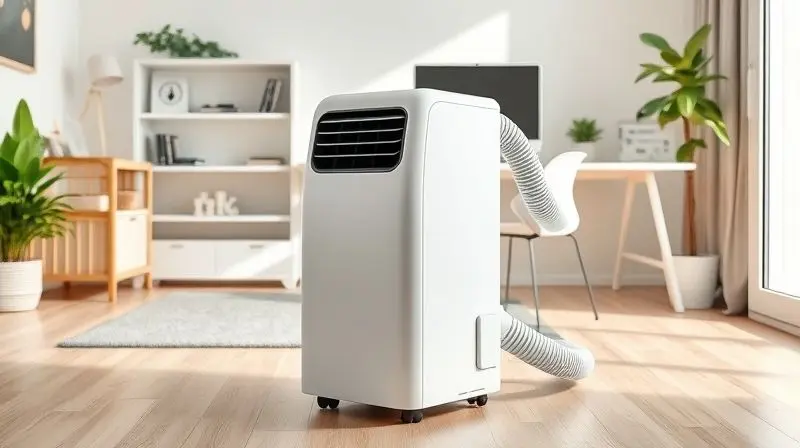 Um ar-condicionado portátil moderno, sem marca, posicionado em um escritório em casa, com o duto de exaustão conectado à janela.