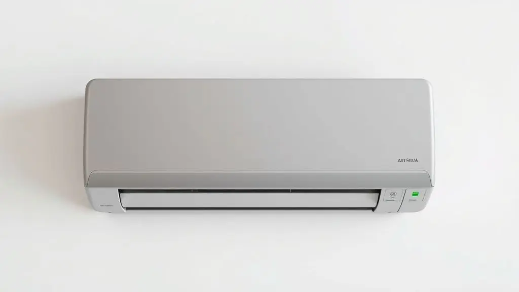 Ar condicionado portátil split Max em destaque, com design moderno e elegante, posicionado de frente em um fundo neutro de estúdio.