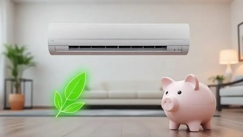 Conceito de economia de energia do ar-condicionado Prime Air, ilustrando a eficiência energética e o baixo consumo do aparelho.