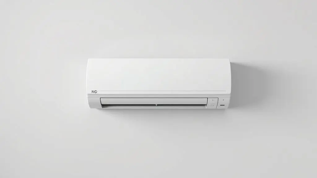 Um ar-condicionado de parede moderno e branco, com design minimalista, visto de frente em um fundo neutro, representando a tecnologia da Samsung.