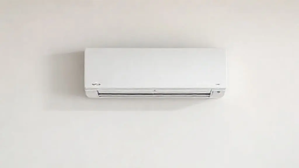 Um moderno ar-condicionado sem unidade externa, totalmente sem marca, instalado de forma centralizada em uma parede de sala de estar minimalista.