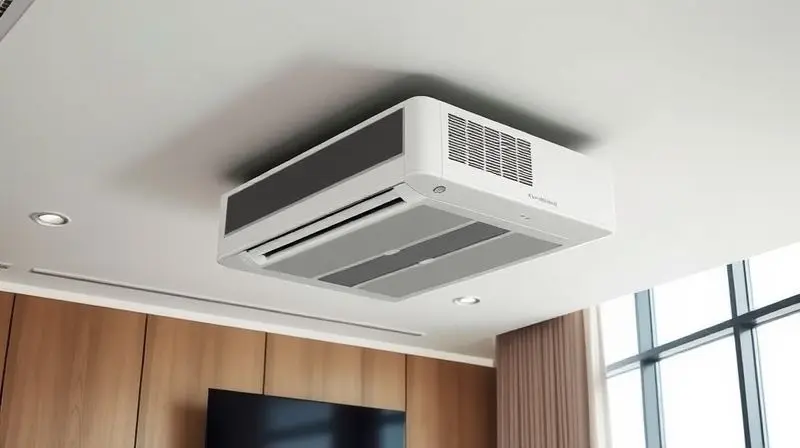 Um ar-condicionado do tipo split cassete instalado discretamente no teto de um escritório moderno, climatizando o ambiente de forma uniforme.