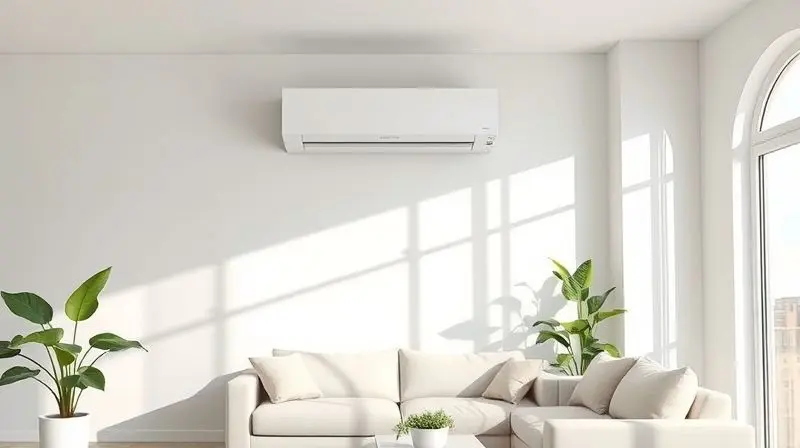 Ambiente de sala de estar moderna e climatizada com um ar-condicionado split branco instalado na parede, proporcionando conforto.