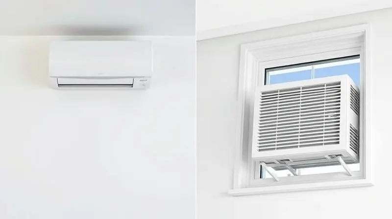 Comparativo visual entre um ar-condicionado split moderno na parede e um modelo de janela tradicional, destacando as diferenças estéticas.