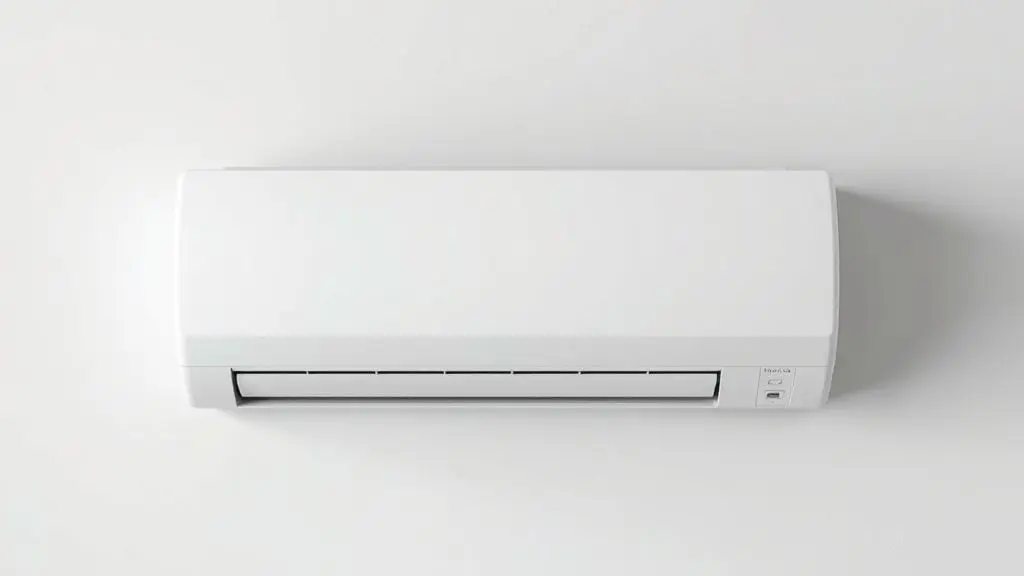 Review do ar-condicionado Xion 12000 BTU, mostrando a unidade interna branca e moderna do aparelho em um fundo de estúdio limpo e minimalista.
