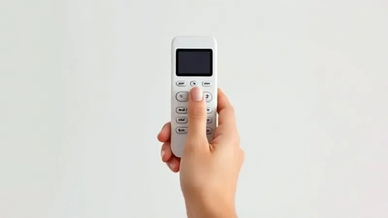 Mão de uma pessoa segurando um controle remoto, com o dedo indicador prestes a pressionar o botão para ativar uma das funções do ar-condicionado.