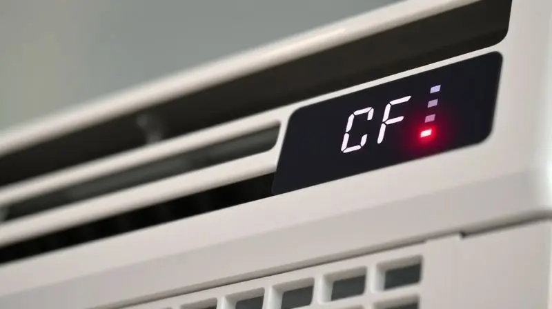 Display de um ar-condicionado moderno exibindo o código de erro CF, que sinaliza a necessidade de limpeza do filtro do aparelho.