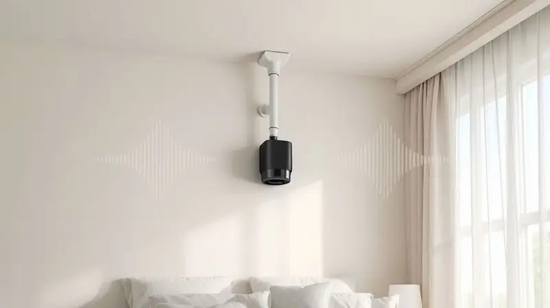 Bomba de dreno silenciosa instalada discretamente no teto de um quarto, com ícones visuais indicando operação de baixo ruído.