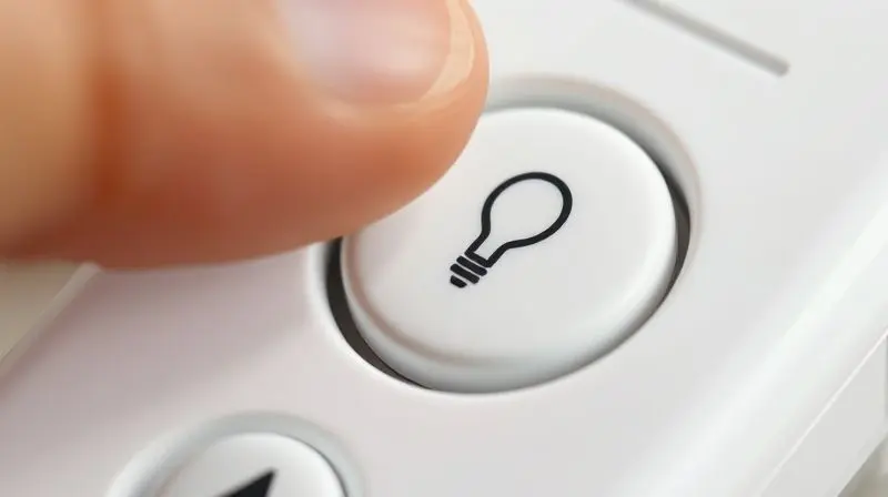Close-up de um dedo prestes a apertar o botão 'Light' ou 'Display' em um controle remoto genérico de ar-condicionado para apagar a luz do painel.