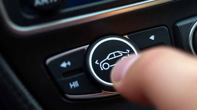 Dedo de um motorista prestes a acionar o botão de recirculação de ar no painel do ar-condicionado do carro.