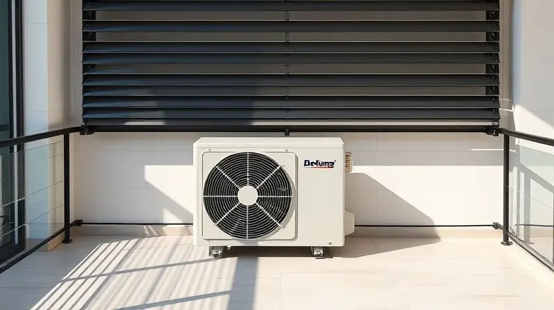 Exemplo de uma condensadora de ar-condicionado protegida por um brise metálico moderno de cor preta em uma varanda com design minimalista.