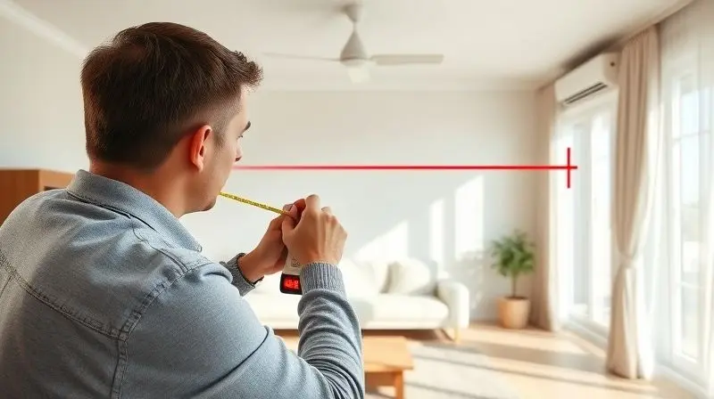 Pessoa medindo o espaço de uma sala com uma trena a laser para calcular a quantidade correta de BTUs para o ar-condicionado.