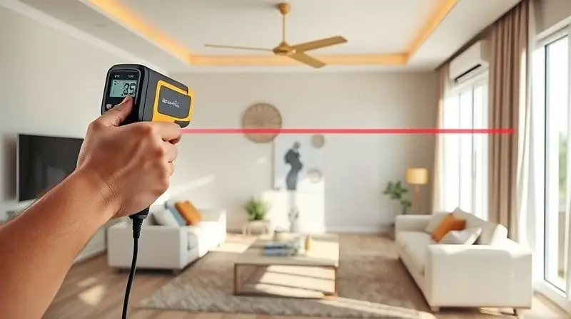 Pessoa medindo uma sala de estar com uma trena a laser para calcular a potência em BTUs necessária para o ar-condicionado ideal.