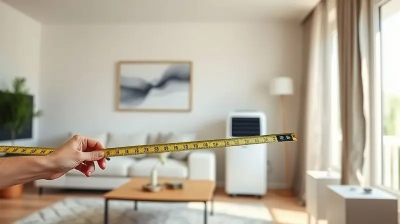 Pessoa medindo uma sala com fita métrica para calcular os BTUs necessários para o ar-condicionado portátil, que está visível ao fundo da cena.