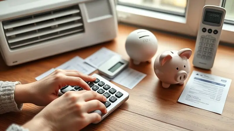 Pessoa calculando o gasto do ar-condicionado na conta de luz com uma calculadora, representando o planejamento financeiro do consumo de energia.