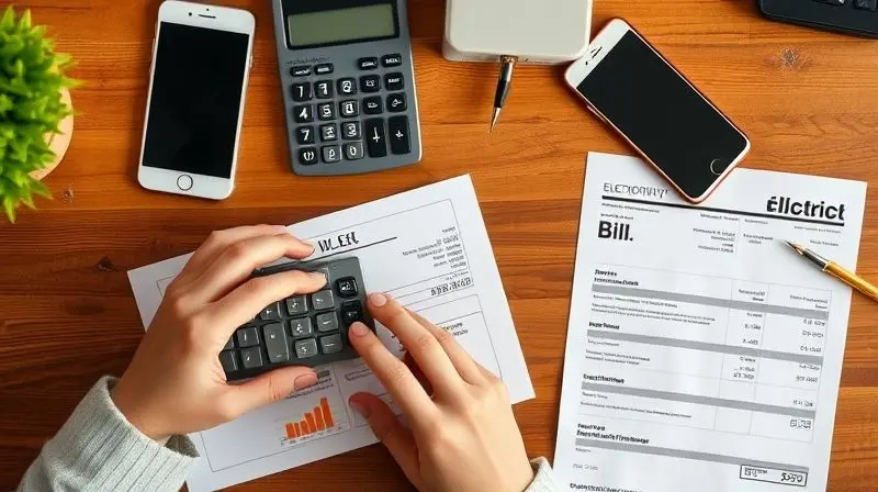 Pessoa calculando o gasto de energia de um ar-condicionado na calculadora, com uma conta de luz ao lado para planejamento financeiro.
