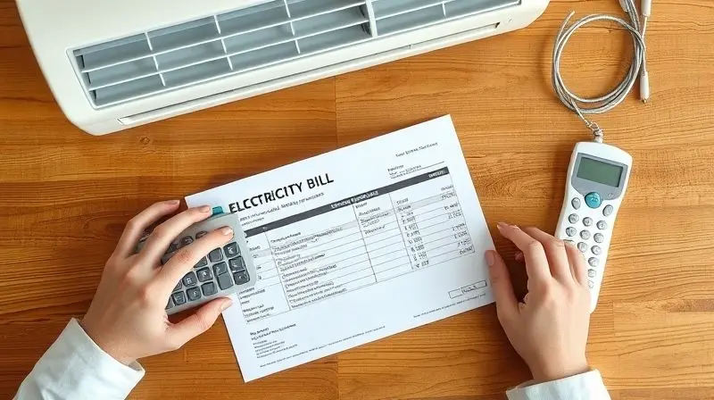 Pessoa usando uma calculadora ao lado de uma conta de luz e um controle de ar-condicionado para calcular o gasto de energia do aparelho.
