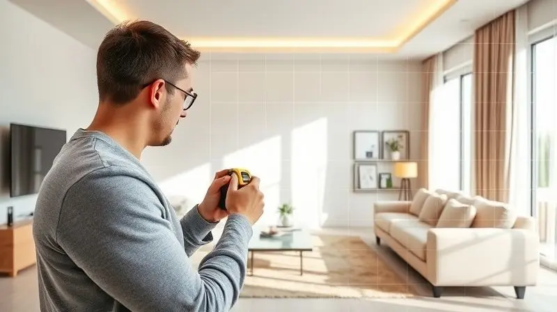 Pessoa medindo as dimensões de uma sala com uma trena a laser para calcular a potência em BTUs ideal para o ar-condicionado.